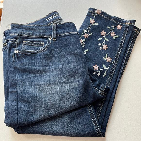 Westport Signature Fit Ankle Blue Jeans with Pink Floral Embroidery Size 10 - Picture 1 of 7